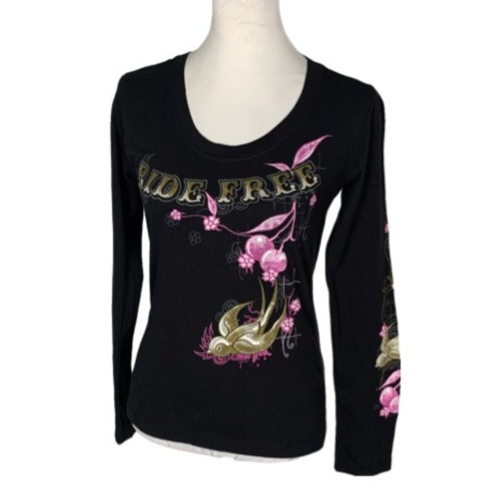 Hot Leathers Cherries Scoopneck Black Long Sleeve Tee - L